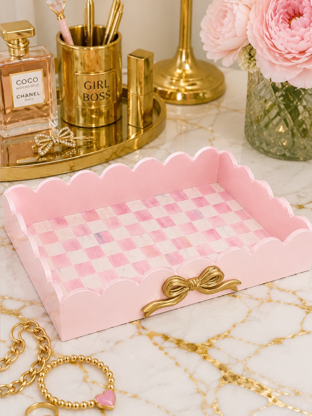 Hand Crafted Rosy Check Scalloped Wood Tray 13”